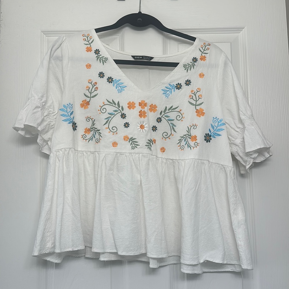 Shein Women’s White Blouse with Floral Embroidery
